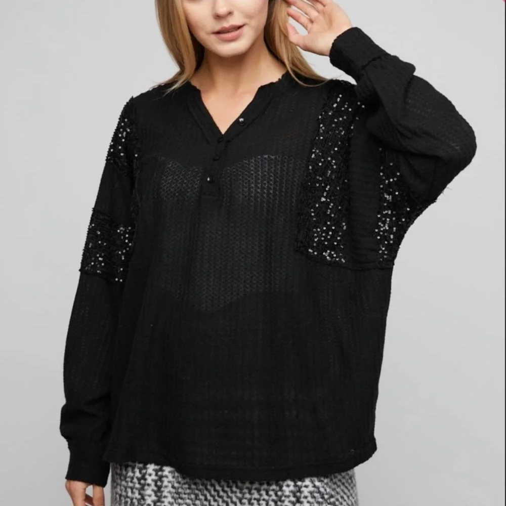 Davi&Dani Black Sequin Waffle Top Size 1X - Picture 6 of 10